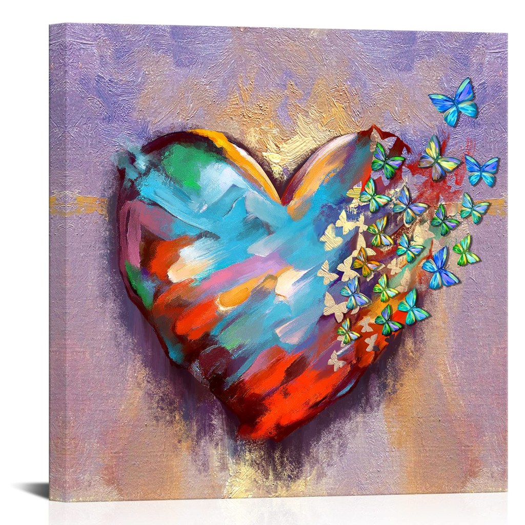 Picture of: ArtKissMore Abstract Heart on Canvas Wall Art with Colorful Flying  Butterfly Picture on Canvas Modern Love Heart Painting for Bedroom Framed  Home