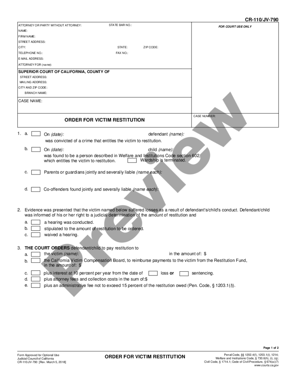 Picture of: California Order for Restitution and Abstract of Judgment – Criminal