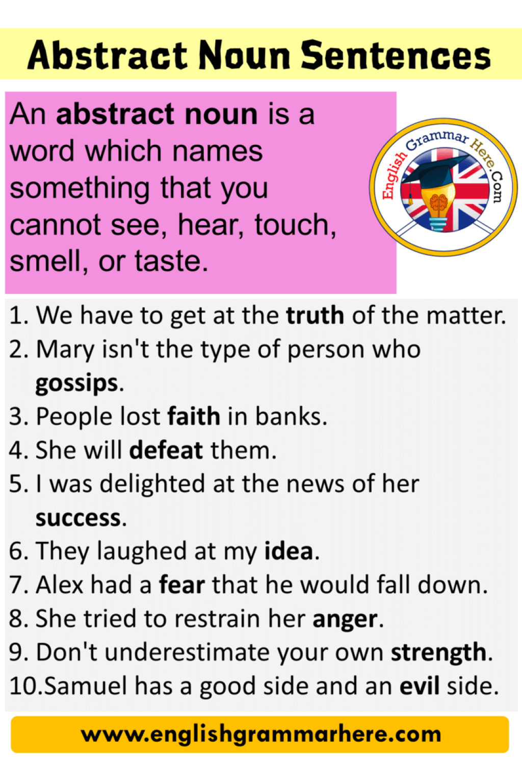 Picture of: Examples of Abstract Noun Sentences – English Grammar Here