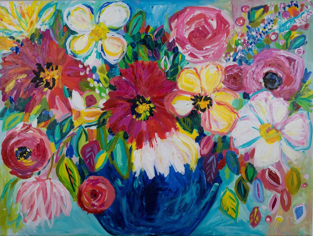 Picture of: Large Bold Floral Still life, Abstract Flower Painting, Bright Colorful  Floral, FINE ART print, Giclee, Cobalt blue and Pink
